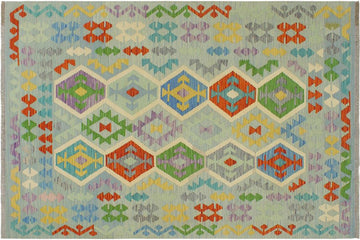 Flat Weave Kilim, Antique, Navaho, Vintage, Handmade, Geometric Kilim Blue Rust Hand-Woven Rectangle 100% Wool Area Rug 5 x 7